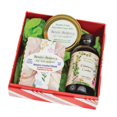 Elderberry Cordial, 
Betula's Comfort Blend Soap
& Sinus Relief Vapor Balm
